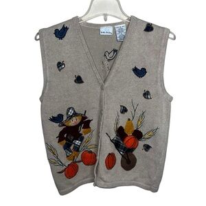 Vintage Bobbie Brooks Sweater Vest Autumn Scarecrow Corn Pumpkins Size Small 4-6